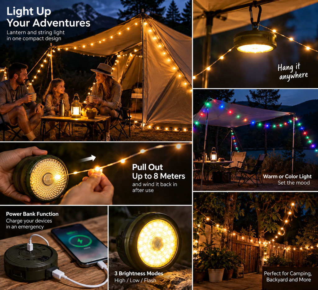 2-in-1 Camping Lantern with Built-In Retractable String Light