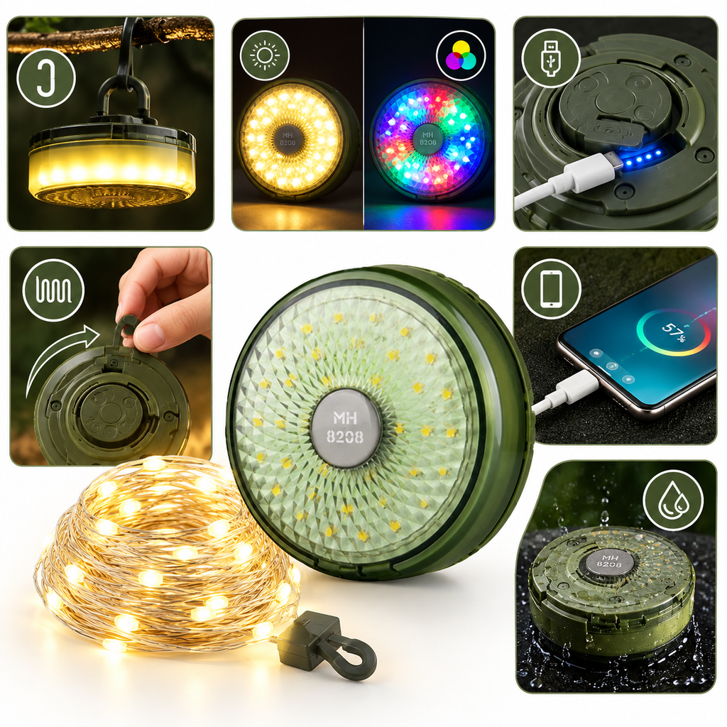 2-in-1 Camping Lantern with Built-In Retractable String Light
